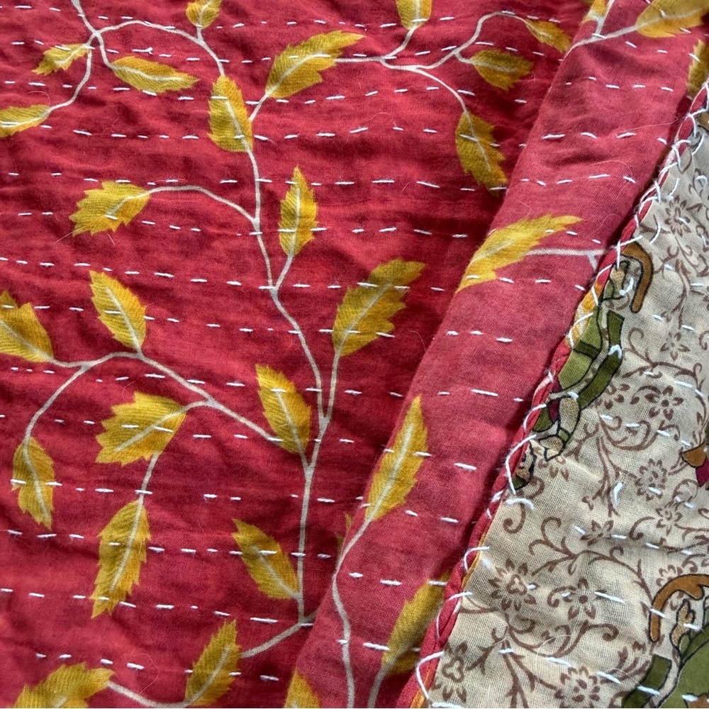 Vintage Kantha Quilt Throw Blanket 54” x 86” | Double Sided | Soft Cotton - Picture 9 of 10